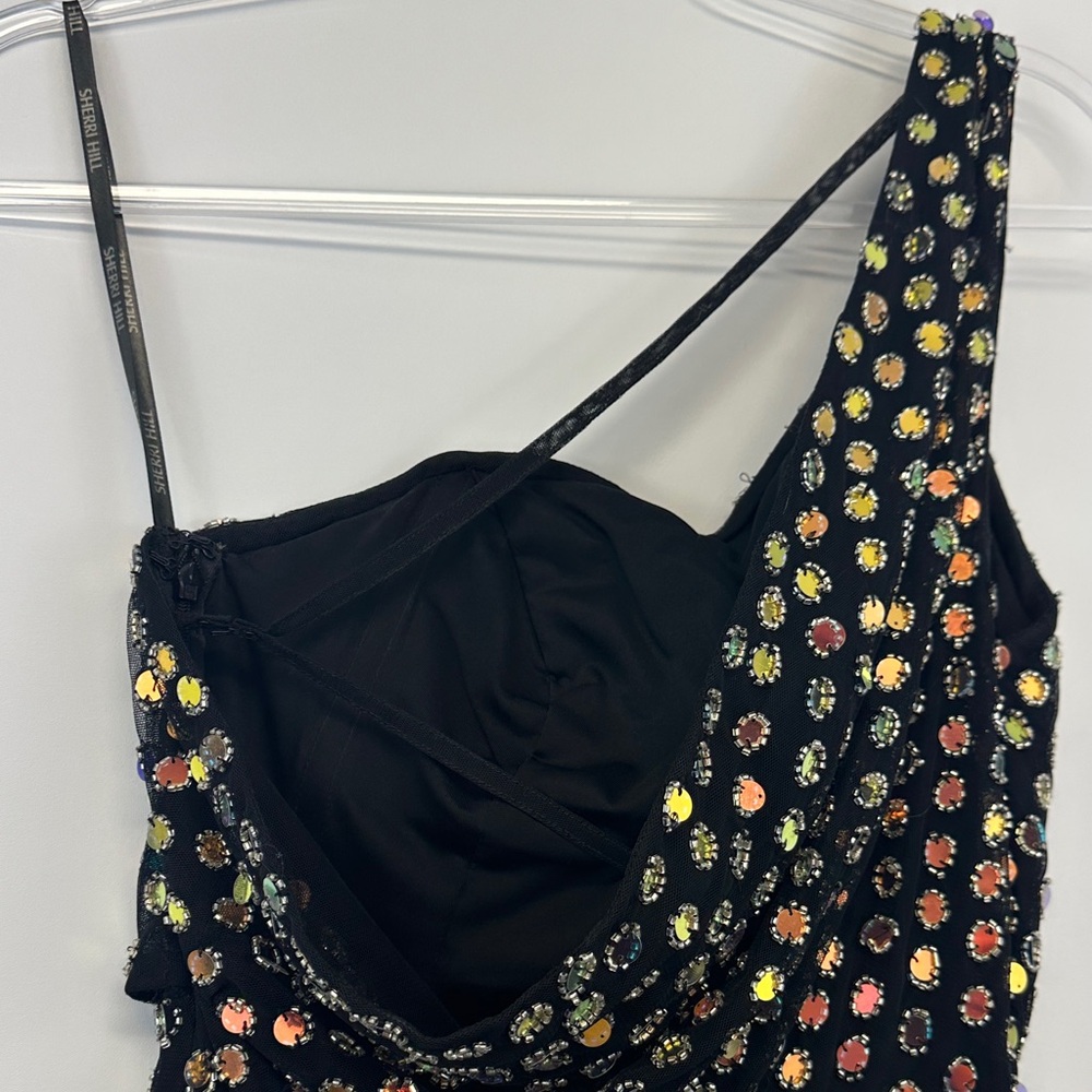 Sherri Hill 55155 Black One Shoulder Mirror Sequin Cocktail After Prom Dress 0 - Picture 9 of 10